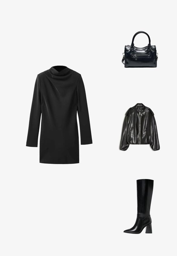 Schwarze Lederjacke mit einem strukturierten Kragen, Reißverschluss vorne und zwei Seitentaschen. Hat eine lockere Passform und Akzente an den Schultern. Glatte Textur.; Schwarzes langärmliges Kleid mit einem Cowl-Ausschnitt, mit glatter Oberfläche und taillierter Silhouette, aus leichtem Stoff gefertigt.; Knöchelhohe schwarze Lederstiefel mit spitzem Schuhkopf, glatter Textur und einem stabilen, profilierten Blockabsatz. Schlankes Design mit minimalen Akzenten.; Schwarze glänzende Lederhandtasche mit zwei Griffen, vorderer Reißverschlusstasche und abnehmbarem Schulterriemen auf weißem Hintergrund.