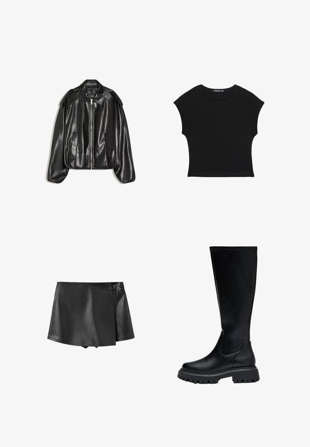 Schwarze Lederjacke mit einem strukturierten Kragen, Reißverschluss vorne und zwei Seitentaschen. Hat eine lockere Passform und Akzente an den Schultern. Glatte Textur.; Schwarzes, kurzärmeliges Crop-Top mit rundem Ausschnitt und leicht taillierter Passform, gefertigt aus weichem, leichtem Stoff.; Schwarzer Minirock aus Kunstleder mit überlappender Frontklappe und kleinem seitlichem Schnallendetail.; Knöchelhohe schwarze Lederstiefel mit runder Zehenform, elastischen Seitenpaneelen und einer robusten Gummisohle mit einem Profilmuster.