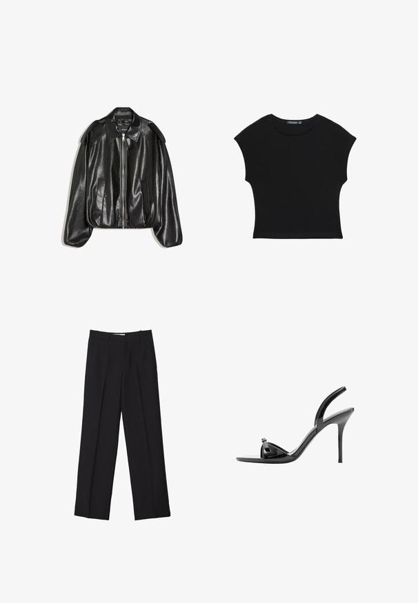 Veste en cuir noir avec un col structuré, fermeture éclair à l'avant et deux poches latérales. Présente une coupe décontractée et des accents aux épaules. Texture lisse.; Haut court noir à manches courtes avec encolure ronde et taille légèrement cintrée, fabriqué en tissu doux et léger.; Pantalons noir sur mesure avec une coupe droite, présentant des plis doubles, une texture lisse et des détails de couture frontale subtils.; Sandale noire en cuir verni à talon haut avec talon aiguille fin, bout ouvert et fine bride sur le dessus du pied et autour de la cheville.