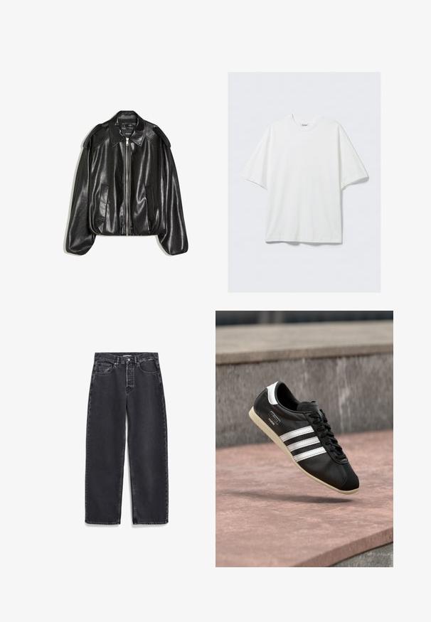 Zwarte leren jas met een gestructureerde kraag, ritssluiting aan de voorkant en twee zijzakken. Heeft een losse pasvorm en schouderaccenten. Gladde textuur.; Wit oversized katoenen T-shirt met korte mouwen, ronde hals en een klein merkembleem aan de binnenkant van de kraag.; Zwarte denim jeans met een rechte pasvorm, voorzien van voorzakken, een knopenfly en subtiele vervaging op de stof.; Zwarte leren sneaker met witte strepen en zool, veters gestrikt, zwevend boven een rozeachtig betonnen oppervlak met een grijze stenen muur op de achtergrond.