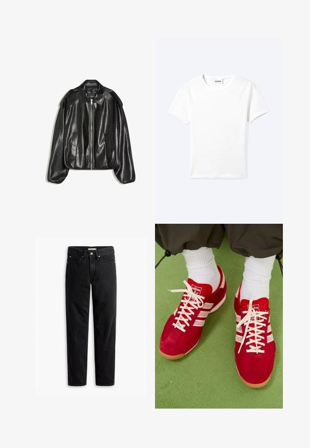 Sort læderjakke med en struktureret krave, lynlås foran og to sidelommer. Har en løs pasform og skulderaccents. Glat tekstur.; Ensfarvet hvid t-shirt med korte ærmer og rund halsudskæring med en lille "WEEKDAY" label indeni halskanten, vist fladt på en lys baggrund.; Sorte straight-leg jeans med knap- og lynlåslukning, bæltestropper samt for- og baglommer, vist fladt på hvid baggrund.; Røde ruskind og mesh sportssko med hvide striber og snørebånd. Gummisål. Båret med hvide ribbede sokker på en grøn tekstureret overflade.