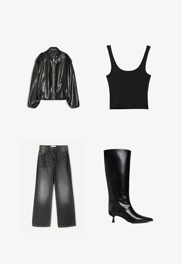 Schwarze Lederjacke mit einem strukturierten Kragen, Reißverschluss vorne und zwei Seitentaschen. Hat eine lockere Passform und Akzente an den Schultern. Glatte Textur.; Schwarzes verkürztes Tanktop mit breiten Trägern, aus weichem Material, mit glatter Textur und minimalistischem Design.; Dunkelgraue weit geschnittene Jeans aus Denim, mit fünf Taschen, einem Reißverschluss vorne und kontrastierenden Nähten entlang der Säume.; Schwarze Lederstiefel bis zum Knie mit spitzem Zehenbereich, schlanker Silhouette und niedrigem Blockabsatz mit glänzender Oberfläche.