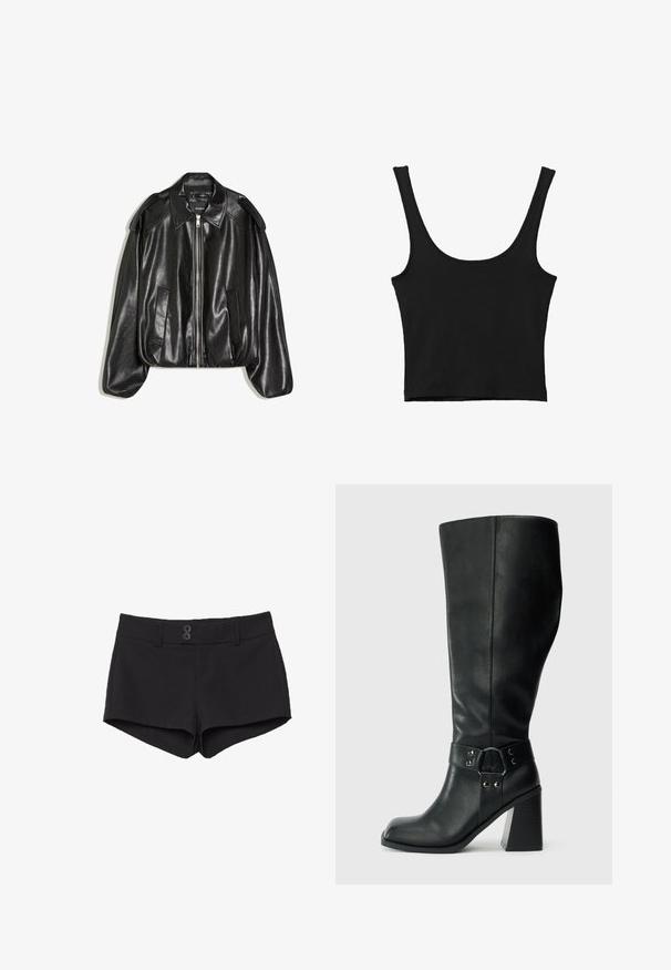 Zwarte leren jas met een gestructureerde kraag, ritssluiting aan de voorkant en twee zijzakken. Heeft een losse pasvorm en schouderaccenten. Gladde textuur.; Zwarte gemakkelijke crop top met brede schouderbanden, gemaakt van zachte stof, met een gladde textuur en een minimalistisch ontwerp.; Zwarte shorts van stof met een gladde textuur. Voorzien van een tailleband, twee voorzakken en twee zwarte knoopsluitingen aan de voorkant.; Kniehoge zwarte leren laarzen met een vierkante neus, brede hak en een decoratieve band met metalen accenten rond de enkel. Gladde textuur.