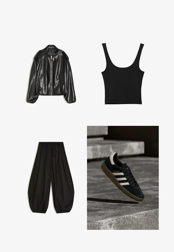 Zwarte leren jas met een gestructureerde kraag, ritssluiting aan de voorkant en twee zijzakken. Heeft een losse pasvorm en schouderaccenten. Gladde textuur.; Zwarte gemakkelijke crop top met brede schouderbanden, gemaakt van zachte stof, met een gladde textuur en een minimalistisch ontwerp.; Losse zwarte wijde broek met elastische tailleband en geplooide elastische boorden bij de enkels, weergegeven op een witte achtergrond.; Zwarte Adidas sneaker met witte strepen en gumzool die boven grijze betonnen trappen zweeft in natuurlijk licht.