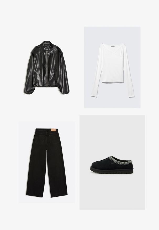Veste en cuir noir avec un col structuré, fermeture éclair à l'avant et deux poches latérales. Présente une coupe décontractée et des accents aux épaules. Texture lisse.; Haut blanc à manches longues avec un design croisé et une poche. Fabriqué dans un tissu lisse et extensible. Coupé dans une coupe décontractée et ample.; Jean noir à jambes larges vu de dos, avec deux poches arrière et un patch de marque en cuir marron à la ceinture.; Des sabots noirs en suede à enfiler présentent un accent tissé texturé le long du col et une semelle en caoutchouc noire avec un profil anti-dérapant.