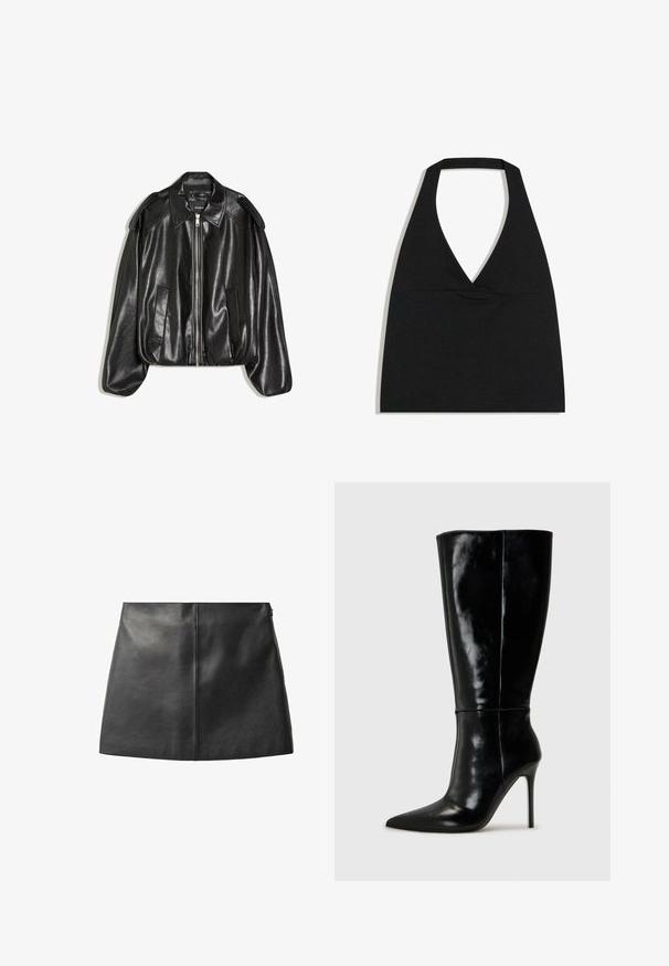 Veste en cuir noir avec un col structuré, fermeture éclair à l'avant et deux poches latérales. Présente une coupe décontractée et des accents aux épaules. Texture lisse.; Haut court noir à col licou avec un profond décolleté en V et une large bretelle autour du cou sur fond blanc.; Jupe en cuir noir avec une texture lisse, un design ajusté et une silhouette minimaliste. Présente un détail de couture central et une fermeture éclair latérale discrète.; Bottes noires en cuir, hautes jusqu'au genou, avec un bout pointu et un talon aiguille haut. Texture lisse et design épuré, avec un minimum de détails.