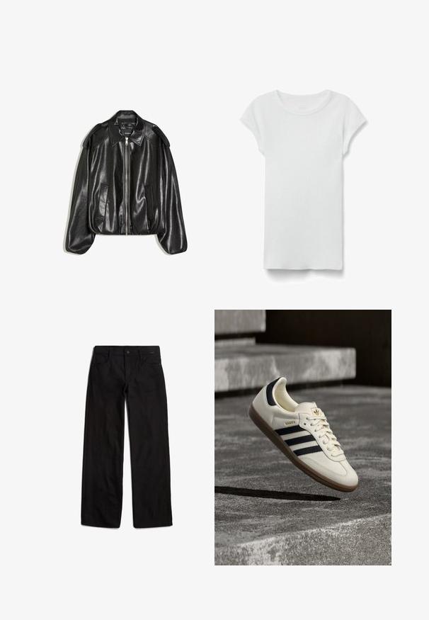 Sort læderjakke med en struktureret krave, lynlås foran og to sidelommer. Har en løs pasform og skulderaccents. Glat tekstur.; Hvid kortærmet ribbet T-shirt med rund hals, lagt fladt på hvid baggrund, viser forsiden og simpel afslappet stil.; Sorte denimbukser med lige ben, frontlukning med knap og fem lommer. Glat tekstur og minimale syninger.; Hvid Adidas Samba sneaker med sorte striber og gummsål, svævende over teksturerede grå betonstrin.