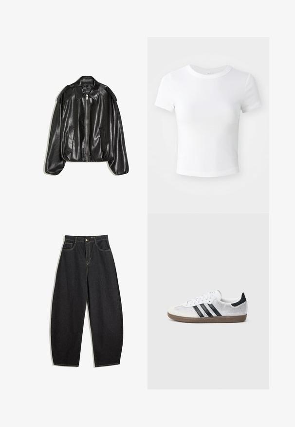 Veste en cuir noir avec un col structuré, fermeture éclair à l'avant et deux poches latérales. Présente une coupe décontractée et des accents aux épaules. Texture lisse.; T-shirt courte à manches courtes, blanche, avec un col rond, présentée sur un fond neutre et lumineux.; Pantalons larges en denim noir avec taille haute, dotés de coutures jaunes, de deux poches avant et d'une fermeture à un bouton.; Baskets en mesh blanc avec des rayures noires, un embout en daim beige et un accent sur le talon, semelle en caoutchouc texturée, et lacets blancs. Design classique à tige basse.
