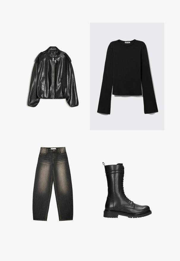 Schwarze Lederjacke mit einem strukturierten Kragen, Reißverschluss vorne und zwei Seitentaschen. Hat eine lockere Passform und Akzente an den Schultern. Glatte Textur.; Schwarzes Langarmshirt mit Rundhalsausschnitt, figurbetonter Silhouette und leicht ausgestellten Ärmeln, gekennzeichnet mit einem "Weekday" Markenetikett im Nacken.; Graue Denim-Jeans mit weitem Bein und leichter Ausbleichung, fünf Taschen, kontrastierenden Nähten und einer lockeren Passform. Keine sichtbaren Muster oder Verzierungen.; Schwarze Lederkampfstiefel mit hohem Schaft, Schnürverschluss und strukturiertem Finish. Ausgestattet mit einer robusten Gummisohle und einem Zugschlauf.