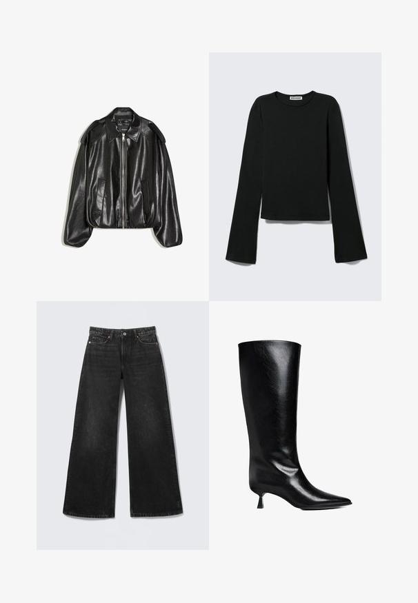 Veste en cuir noir avec un col structuré, fermeture éclair à l'avant et deux poches latérales. Présente une coupe décontractée et des accents aux épaules. Texture lisse.; T-shirt noir à manches longues avec col rond, silhouette ajustée et manches légèrement évasées, étiqueté avec la marque "Weekday" au niveau de l'encolure.; Jean noir à jambes larges avec cinq poches et fermeture par bouton, présenté à plat sur un fond clair.; Boot en cuir noir, montant jusqu'au genou, avec un bout pointu, une silhouette élancée et un talon carré bas, le tout avec une finition brillante.