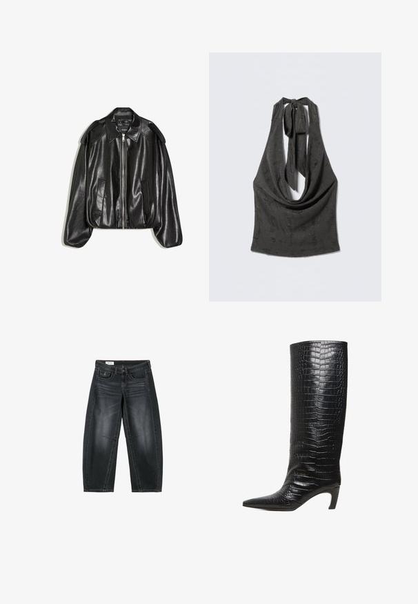 Schwarze Lederjacke mit einem strukturierten Kragen, Reißverschluss vorne und zwei Seitentaschen. Hat eine lockere Passform und Akzente an den Schultern. Glatte Textur.; Schwarzes, strukturiertes Neckholder-Top mit tiefem, drapiertem Ausschnitt und gebundenen Trägern am Nacken, präsentiert auf grauem Hintergrund.; Schwarze, weit geschnittene, verkürzte Jeans mit vorderen Taschen, Knopfleiste und dezenten Verblassungsdetails an Oberschenkeln und Knien.; Schwarzer kniehoher Stiefel mit spitzer Zehe, mittelhohem, geschwungenem Absatz und strukturierter Oberfläche aus Leder mit Krokodilprägung.