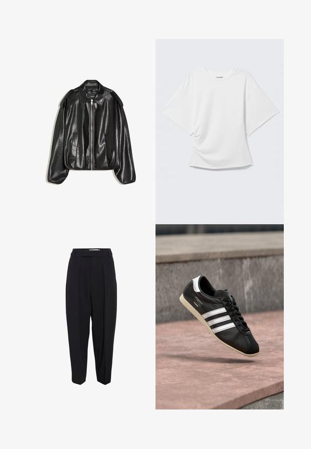 Sort læderjakke med en struktureret krave, lynlås foran og to sidelommer. Har en løs pasform og skulderaccents. Glat tekstur.; Hvid oversized T-shirt med korte ærmer og rund hals vist på en lysegrå baggrund.; Sorte skræddersyede bukser med høj talje, der har læg og en cropped, tapered buksdesign. Glat stof med en mat overflade.; Sort lædersneaker med hvide striber og sål, snøret, svævende over en rosa betonoverflade med en grå stenvæg i baggrunden.