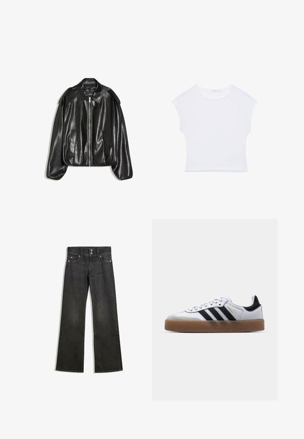 Veste en cuir noir avec un col structuré, fermeture éclair à l'avant et deux poches latérales. Présente une coupe décontractée et des accents aux épaules. Texture lisse.; T-shirt court blanc à manches courtes avec col rond, en tissu lisse, posé à plat sur un fond blanc.; Jean large en denim noir avec une taille ajustée, présentant des coutures visibles, deux poches avant et des éléments en métal argenté sur les boutons.; Baskets en cuir blanc avec des rayures noires, semelle extérieure en caoutchouc beige, bout rond, fermeture lacée et embout en suède gris doux.