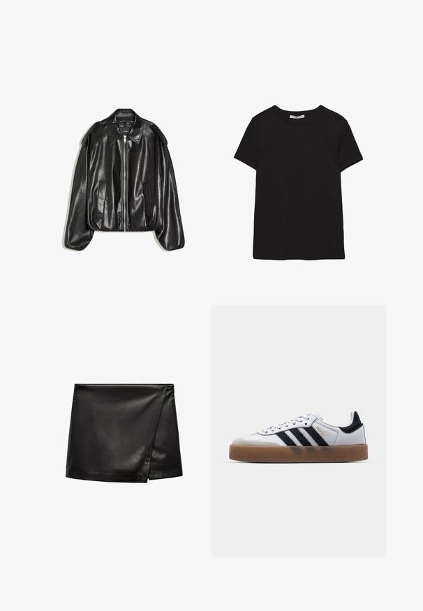 Sort læderjakke med en struktureret krave, lynlås foran og to sidelommer. Har en løs pasform og skulderaccents. Glat tekstur.; Sort kortærmet t-shirt i bomuld med rund halsudskæring, standard pasform og synlig indvendig halsmærkat.; Sort læder mini nederdel med en omslagsdesign, der har en glat tekstur og minimalistisk stil. Ingen synlig hardware eller mønstre.; Hvide lædersneakers med sorte striber, gummirubber sål, rund tå, snørelukning og blød grå ruskinds tåhætte.