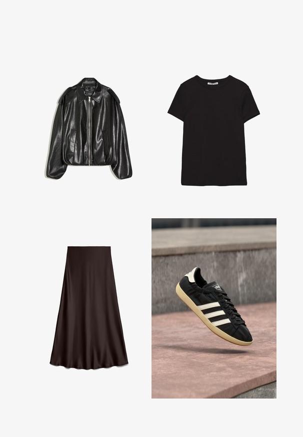 Veste en cuir noir avec un col structuré, fermeture éclair à l'avant et deux poches latérales. Présente une coupe décontractée et des accents aux épaules. Texture lisse.; T-shirt noir en coton à manches courtes avec encolure ronde, coupe standard et étiquette intérieure visible au niveau du col.; Jupe satin brown avec un design fluide et une texture lisse, doté d'une silhouette en A et d'un ourlet légèrement évasé en bas.; Baskets Adidas noires avec des bandes blanches et une semelle beige, capturées en plein air au-dessus d'une surface en pierre et d'un mur en pierre en arrière-plan.