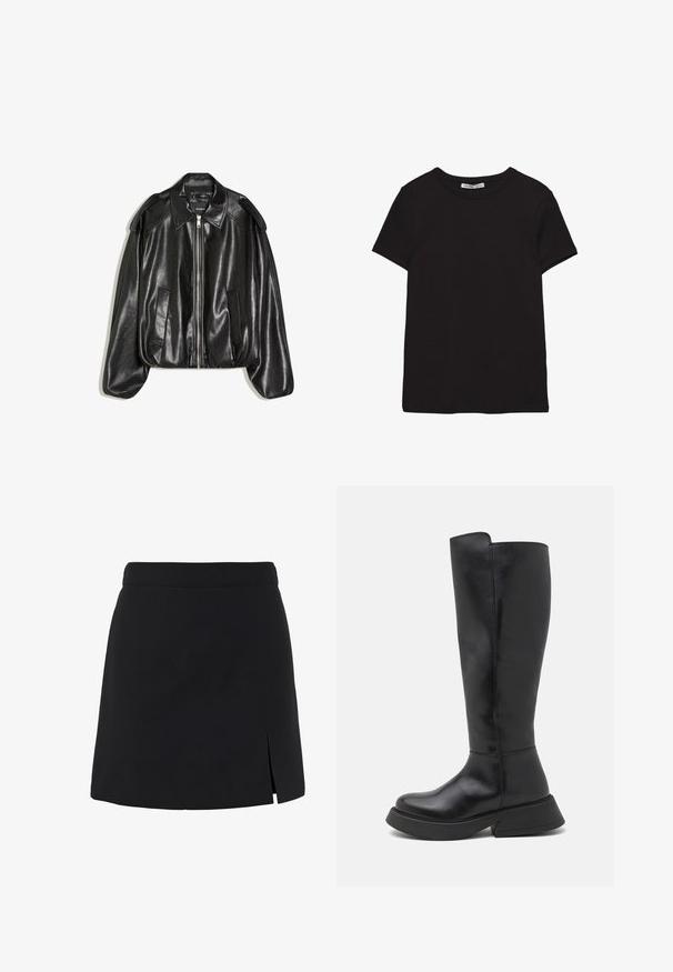 Veste en cuir noir avec un col structuré, fermeture éclair à l'avant et deux poches latérales. Présente une coupe décontractée et des accents aux épaules. Texture lisse.; T-shirt noir en coton à manches courtes avec encolure ronde, coupe standard et étiquette intérieure visible au niveau du col.; Mini-jupe noire en forme trapèze avec une taille haute et une petite fente à l'avant côté droit.; Bianco BIAHAILEY KNEE HIGH BOOT - Bottes - black