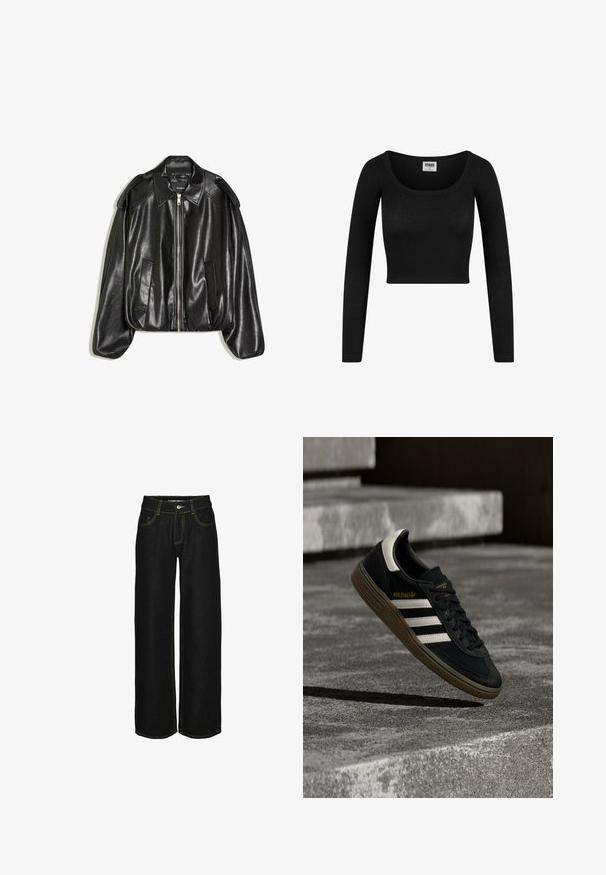 Sort læderjakke med en struktureret krave, lynlås foran og to sidelommer. Har en løs pasform og skulderaccents. Glat tekstur.; Sort langærmet cropped top med bådformet halsudskæring, lavet af ribbet stof. Har en tætsiddende silhuet og blød tekstur.; Sorte wide-leg jeans lavet af denim med kontrasterende gul syning. Har en knaplukning og flere lommer.; Sort Adidas-sneaker med hvide striber og gummisåler, svævende over grå betontrapper i naturligt lys.