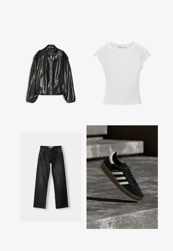 Sort læderjakke med en struktureret krave, lynlås foran og to sidelommer. Har en løs pasform og skulderaccents. Glat tekstur.; Hvid bomuld t-shirt med korte, opsmøgede ærmer, rund halsudskæring og lige kant. Glat tekstur uden synlige mønstre eller detaljer.; Bershka Jeans Straight Leg - mottled dark grey; Sort Adidas-sneaker med hvide striber og gummisåler, svævende over grå betontrapper i naturligt lys.