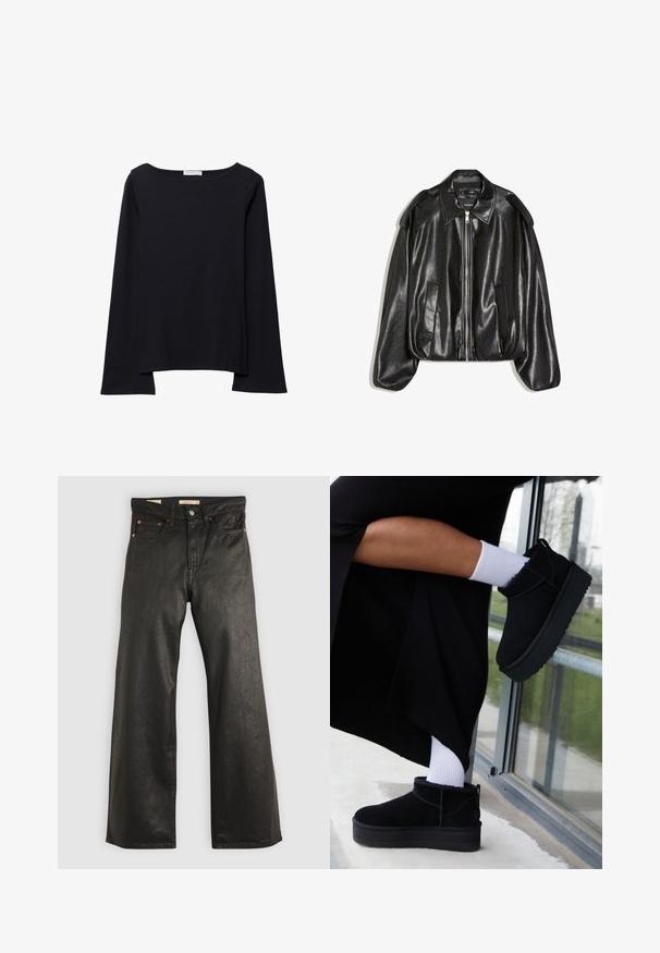 Veste en cuir noir avec un col structuré, fermeture éclair à l'avant et deux poches latérales. Présente une coupe décontractée et des accents aux épaules. Texture lisse.; Haut noir à manches longues avec un large col rond, coupe décontractée et texture douce. Comprend un ourlet arrière légèrement plus long et sans ornements supplémentaires.; Pantalons larges en denim noir avec une texture lisse, dotés de cinq poches et de détails en métal cuivré. Fermeture classique avec bouton.; Bottines en cuir suédé noir à semelle plate, avec une languette arrière, portées avec des chevilles blanches sur un fond minimaliste.
