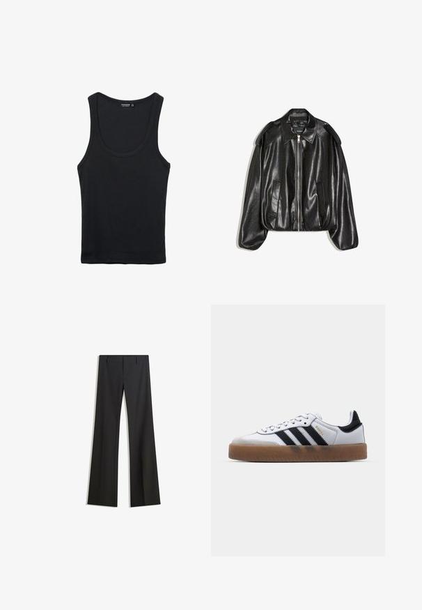 Veste en cuir noir avec un col structuré, fermeture éclair à l'avant et deux poches latérales. Présente une coupe décontractée et des accents aux épaules. Texture lisse.; Débardeur en coton noir avec un col rond et des bretelles larges. Il présente une texture lisse et un design classique ajusté.; Pantalon noir évasé avec une texture lisse, doté d'une coupe ajustée et d'une taille cintrée. Aucun motif ou ornement visible.; Baskets en cuir blanc avec des rayures noires, semelle extérieure en caoutchouc beige, bout rond, fermeture lacée et embout en suède gris doux.