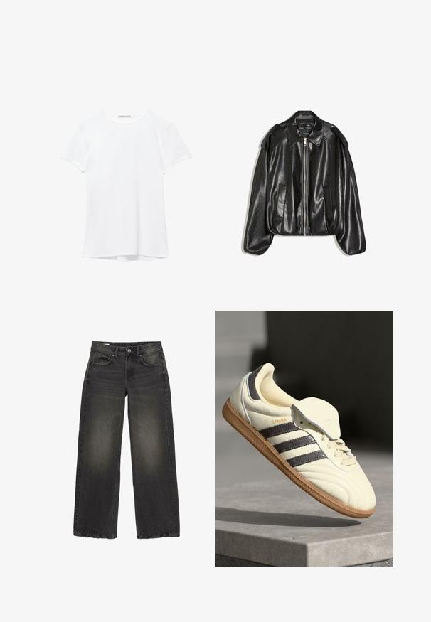Veste en cuir noir avec un col structuré, fermeture éclair à l'avant et deux poches latérales. Présente une coupe décontractée et des accents aux épaules. Texture lisse.; T-shirt blanc à manches courtes en tissu lisse, avec un col rond et de subtils détails de couture à l'ourlet.; Jean noir à jambes larges avec détails délavés, bouton frontal, fermeture éclair et cinq poches, posé à plat sur fond blanc.; Baskets en cuir crème avec trois bandes sombres, une semelle extérieure en gomme marron et un bout arrondi. Présentent une languette pliable étiquetée "SAMBA."