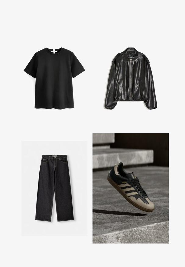 Sort læderjakke med en struktureret krave, lynlås foran og to sidelommer. Har en løs pasform og skulderaccents. Glat tekstur.; Sort kortærmet t-shirt lavet af bomuld. Rund halsudskæring med en lige kant og uden synlige mønstre eller grafik. Blød, glat tekstur.; Sorte vidde bukser i denim med forlommer og sølvfarvet knaplukning, lagt fladt på en lysegrå baggrund.; Sort og beige lædersneaker med tre hvide striber, tanfarvet gummisål og gyldent "Samba"-detalje på siden.