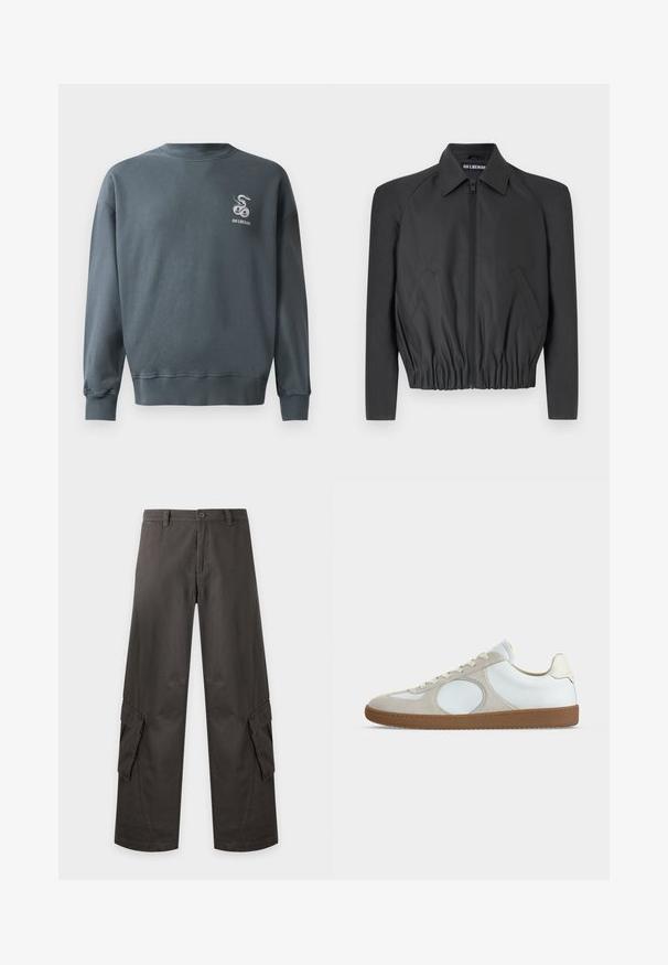 Veste noire courte en tissu lisse, avec une fermeture éclair à l'avant, un col pointu et une taille élastique, dotée de poches latérales et de longues manches.; Sweatshirt en coton gris avec un col rond, des poignets côtelés et un petit logo serpent brodé sur le haut à gauche de la poitrine. Texture lisse.; Pantalon cargo gris foncé à jambes larges avec poches à rabat sur les cuisses, passants de ceinture, fermeture par bouton et braguette zippée.; Baskets décontractées à profil bas avec tige en cuir blanc, accents en daim beige clair, bout rond, lacets blancs et semelle en gomme.