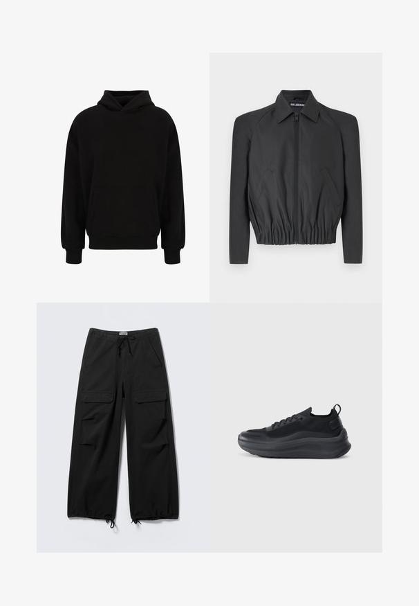 Zwarte cropped jas van gladde stof, met een ritssluiting aan de voorkant, puntige kraag en elastische tailleband, voorzien van zijzakken en lange mouwen.; Zwarte pullover hoodie met een voorzak, ribgebreide manchetten en zoom. Gemaakt van zachte stof; heeft een relaxed fit en een verstelbare capuchon.; Zwarte cargo broek met wijde pijpen, voorvakken met klep, een tailleband met trekkoord en verstelbare trekkoorden aan de zoom.; Zwarte sportieve schoen met een bovenkant van mesh, textuurrijke accenten en een dikke rubberen zool. Voorzien van een trekbandje bij de hak en vetersluiting.