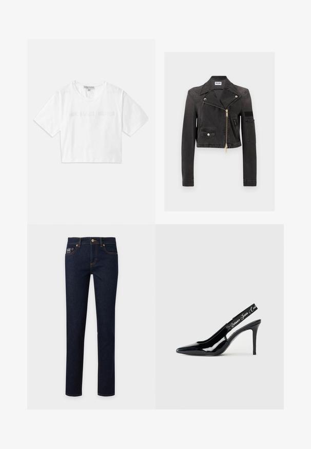 Veste biker en denim noir courte avec larges revers, fermeture éclair dorée asymétrique, poche à rabat sur le devant et poche zippée sur le côté.; T-shirt blanc court en coton, avec des manches courtes et le logo "MICHAEL KORS" brodé ton sur ton à l'avant.; Jean slim en denim bleu foncé avec coutures orange, poches avant, passants de ceinture et patch de marque sur la poche droite.; Escarpin noir en cuir verni avec un design à bout pointu,Featuring une section découpée et une sangle élastique embossée du nom de la marque.