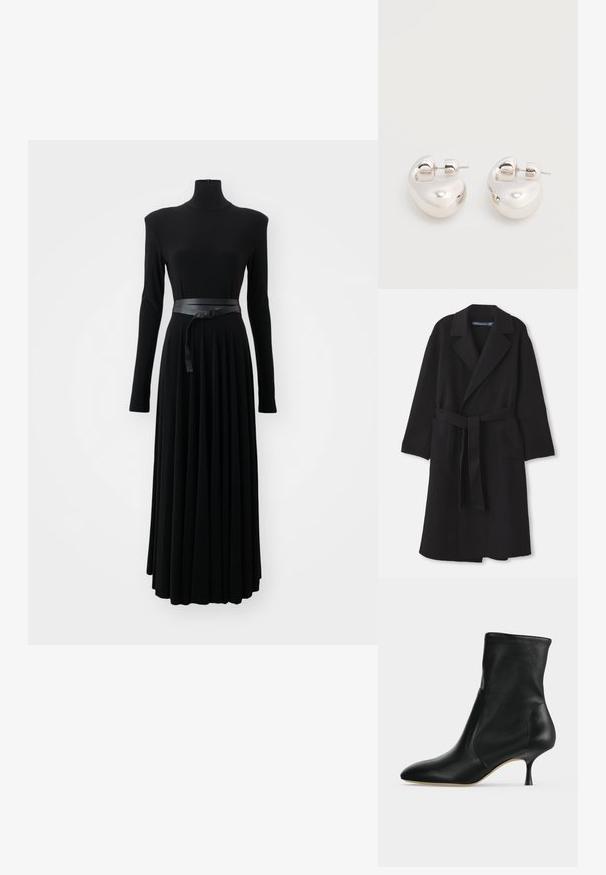 Manteau en laine noire avec un large col, taille ceinturée, deux poches avant et une coupe décontractée avec des manches longues. Texture lisse et structurée.; Norma Kamali SHOULDER PAD TURTLE FLARED DRESS TO MIDCALF - Robe en jersey - black; Bottine en cuir noir avec bout pointu et talon fin de hauteur moyenne, vue de profil sur fond clair.; Paire de boucles d'oreilles argentées brillantes et épaisses avec fermoirs à tige, sur fond blanc uni.