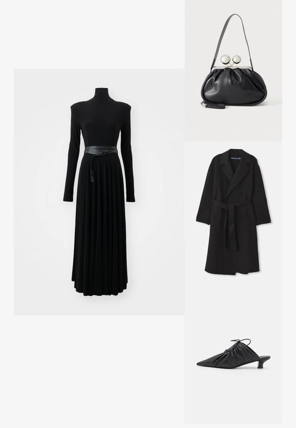 Zwarte wollen jas met een brede revers, een ceintuur in de taille, twee voorzakken en een ontspannen pasvorm met lange mouwen. Glad, gestructureerd textuur.; Norma Kamali SHOULDER PAD TURTLE FLARED DRESS TO MIDCALF - Jerseyjurk - black; Zwarte leren instappers met een spitse neus, gegatherde textuur en een kleine kittenhiel. Heeft een trekkoorddetail aan de opening.; Zwarte leren handtas met een geplooid ontwerp, een enkele schouderband, zilverkleurige metalen omlijsting en twee grote ronde zilveren sluitingen.
