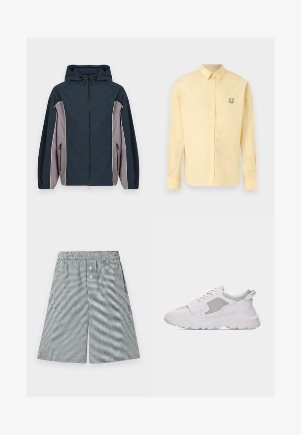 Veste à capuche bleu marine et grise avec fermeture éclair frontale, poches latérales zippées et poignets élastiques.; Chemise jaune pâle à manches longues, boutonnée, avec col et petite tête de loup brodée sur la poitrine gauche.; Shorts à motif vichy noir et blanc, fabriqués en tissu léger. Présentent une taille élastique et des détails en boutons à l'avant.; Baskets blanches épaisses avec panneaux latéraux en mesh, lacets à l'avant, semelle épaisse texturée et languette à l'arrière sur un fond clair uni.
