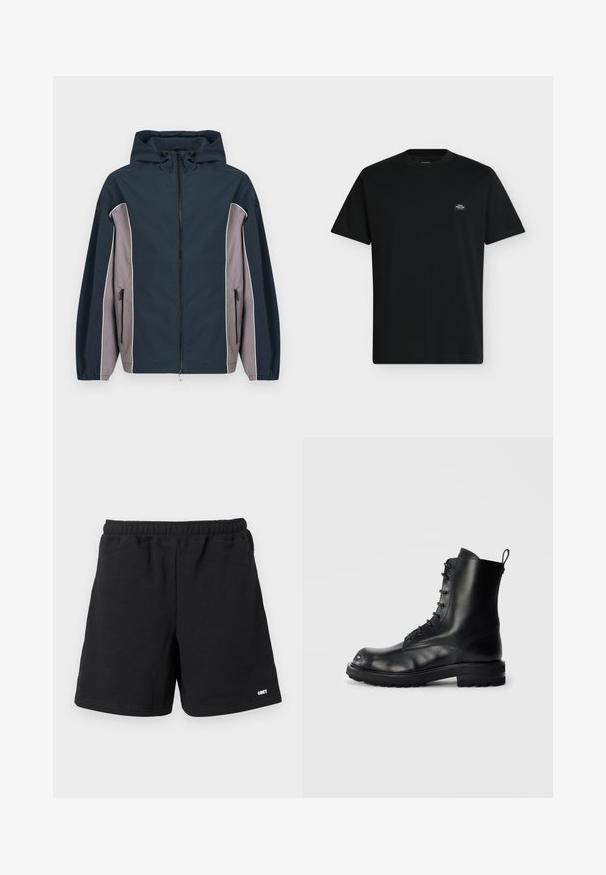 Marineblauw en grijs gewatteerd jack met capuchon, ritssluiting aan de voorkant, ritssluiting aan de zijzakken en elastische manchetten.; Zwart T-shirt met korte mouwen en ronde hals met een klein rechthoekig logo op de bovenste linkerkant van de borst.; Zwarte casual korte broek met elastische tailleband en zijzakken, met een klein wit "OBEY" logo op het onderste rechterbeen.; Zwarte leren vetercombatlaars met dikke zool en trekhaak aan de achterkant, van de zijkant getoond op een effen lichte achtergrond.