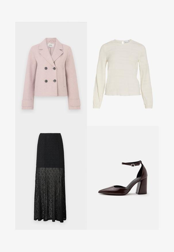 Veste courte rose à double boutonnage avec de gros boutons noirs, large col et manches cintrées. Confectionnée dans un tissu doux et texturé.; Blouse blanche texturée à manches longues avec col rond, légère fermeture par bouton avec ouverture en forme de trou à l'arrière et détails subtils de tissu froncé.; Jupe longue en dentelle noire avec une partie supérieure opaque et une partie inférieure transparente, présentant un motif floral en dentelle et une silhouette droite.; Chaussure à talon haut en cuir marron foncé à bout pointu, avec bride à la cheville et boucle argentée sur fond blanc.