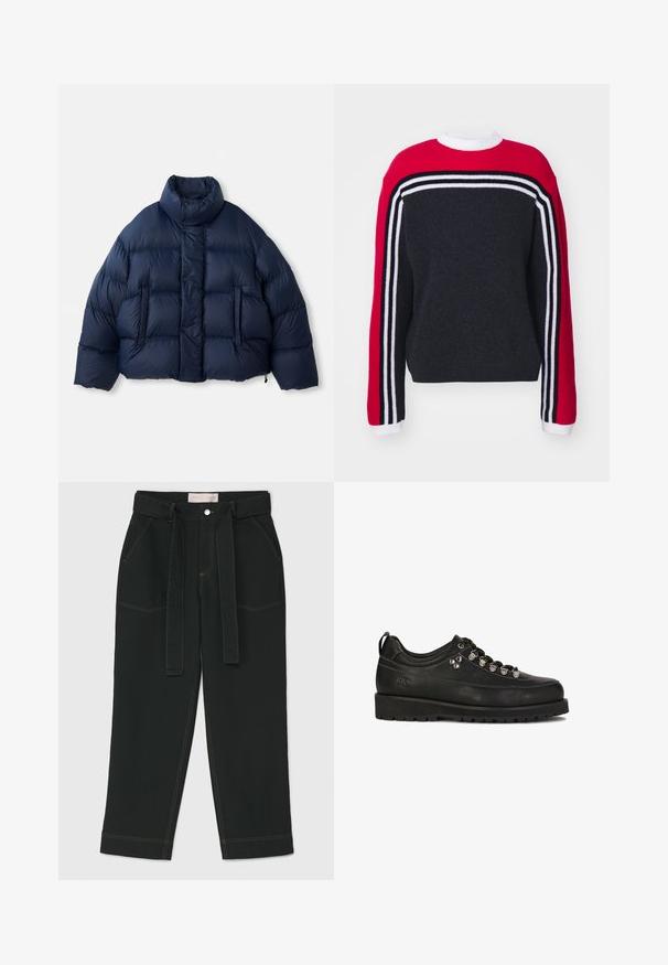 Marineblauer Puffermantel mit hohem Kragen, vorderen Druckknöpfen, horizontaler Steppung und zwei vorderen Taschen, auf weißem Hintergrund präsentiert.; Sweatshirt mit rohem Oberteil. Dunkelgrauer Körper und rote Ärmel mit schwarz-weißen Streifen. Stricktextur.; Lukhanyo Mdingi Stoffhose - bottle green; Kazar Studio KS BLAISE - Sportlicher Schnürer - black