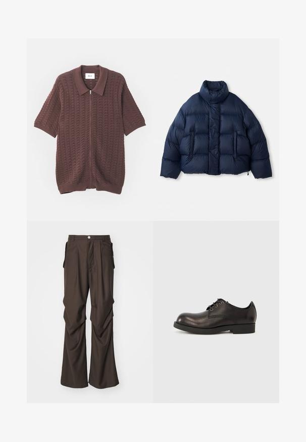 Doudoune bleu marine avec col montant, boutons-pression à l'avant, matelassage horizontal et deux poches avant, présentée sur fond blanc.; Chemise zippée à manches courtes de couleur bordeaux en tricot, avec un motif de vagues texturé et un col ouvert, dotée de poignets et d'un ourlet côtelés.; Pantalons marron sur mesure avec une coupe large, dotés de poches latérales et d'une fermeture à bouton à l'avant. Tissu lisse avec de légers plis.; Chaussure habillée en cuir noir avec un bout arrondi, des coutures minimales, un petit talon en caoutchouc et maintenue par des lacets noirs.