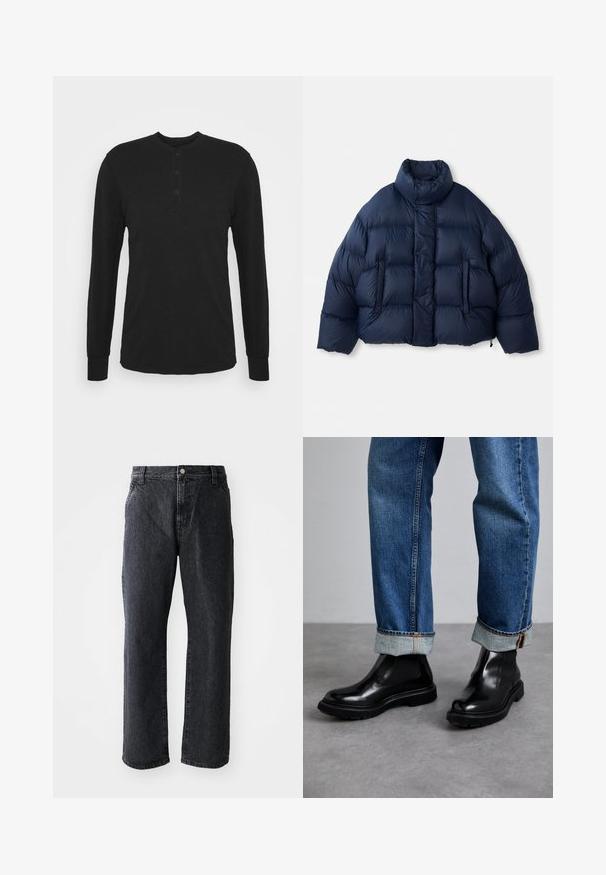 Chaqueta acolchada de color azul marino con cuello alto, botones de presión en la parte frontal, acolchado horizontal y dos bolsillos frontales, mostrada sobre fondo blanco.; Camisa negra de manga larga con cuello redondo, tapeta de tres botones y puños ajustados. Está hecha de una tela suave con una textura lisa.; Jeans de mezclilla negra de corte recto, con cierre de botón, cinco bolsillos y una textura sutil. Diseño clásico sin patrones prominentes.; Botas de tobillo de cuero negro con paneles laterales elásticos y suelas de goma texturizada, combinadas con jeans de denim azul con puños.