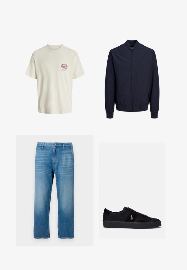 Marineblauw bomberjack met rits aan de voorkant, geribde kraag, manchetten en tailleband, getoond op een effen witte achtergrond.; Witte T-shirt met korte mouwen met rode tekst "Studio Originals Edition" op de linker borst, weergegeven op een neutrale grijze achtergrond.; Lichtblauwe denim jeans met een rechte pasvorm, vijf-pocket ontwerp, knoopsluiting en subtiele vervaging aan de voorkant. Geen zichtbare patronen.; Zwarte sneakers met een bovenwerk van stof en suède, ronde neus, platte rubberen zool en geborduurd logo aan de zijkant. Vetersluiting met zes veterogen.