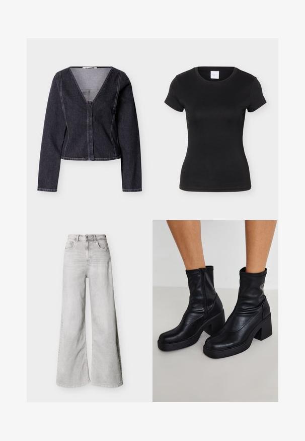 Dunkelblaue Jeansjacke in Cropped-Länge mit langen Ärmeln, V-Ausschnitt und Knopfleiste vorne. Verfügt über kontrastierende Nähte und eine figurbetonte Passform.; Schwarzes, eng anliegendes T-Shirt mit kurzen Ärmeln und Rundhalsausschnitt, vorne schlicht und mit einem weißen Etikett im Kragen.; Hellgraue Jeans mit weitem Bein aus Denim, mit hoher Taille, vorderen Taschen und Knopfverschluss. Glatte Textur mit einem dezenten ausgewaschenen Look.; Schwarze Leder-Ankle-Boots mit hohem Blockabsatz, seitlichem Reißverschluss, glatter Textur und spitz zulaufendem Design.