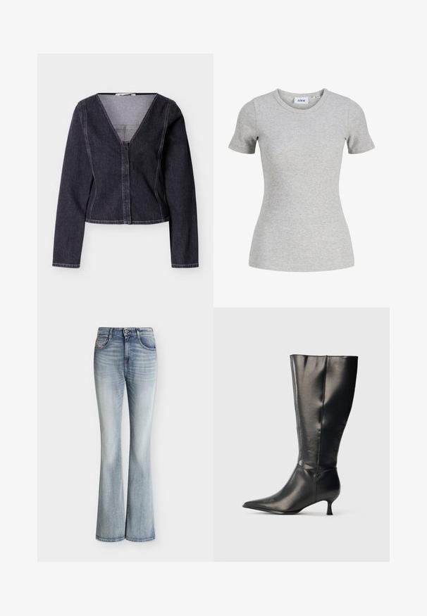 Veste courte en denim foncé avec manches longues, col en V et fermeture boutonnée sur le devant. Présente des surpiqûres contrastantes et une coupe ajustée.; T-shirt femme gris clair à manches courtes en maille côtelée, col rond et silhouette ajustée.; Jean en denim bleu clair taille haute avec une légère évasement en bas et des détails délavés sur le devant des cuisses.; Botte en cuir noire montant jusqu'au genou, avec un bout pointu et un petit talon bas, présentée sur un fond clair uni.