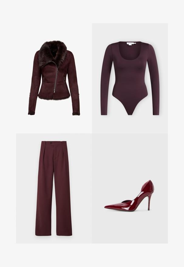 Burgunderfarvet ruskindsjakke med en fake fur krave og kant. Har to lynlåslommer foran og lynlåse ved manchetterne. Glat tekstur, skræddersyet pasform.; Langærmet, dyb lilla bodystocking med rund halsudskæring og trykknapper i skridtet, vist fladt på en lys baggrund.; CLOSED MAWSON - Bukser - dark raisin red; Røde patentlæder højhælede pumps med spidse tæer og udskårne sider, der har en elegant stilethæl. Glat, blank overflade.