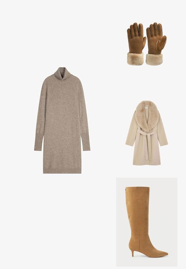 Manteau beige longueur genoux avec large col en fourrure douce et ceinture assortie nouée à la taille, doté de manches longues et de poches latérales.; Robe beige à col roulé avec des manches longues, texture douce et coupe décontractée. Dotée d'un col haut et d'un fente sur les côtés à l'ourlet.; Lauren Ralph Lauren MCKAY SUEDE TALL BOOT HEEL - Bottes - camel; Gants en cuir tan avec une douce manchette en fourrure. Les caractéristiques incluent une texture lisse, des détails de couture et un design de pouce angulé pour la dextérité.