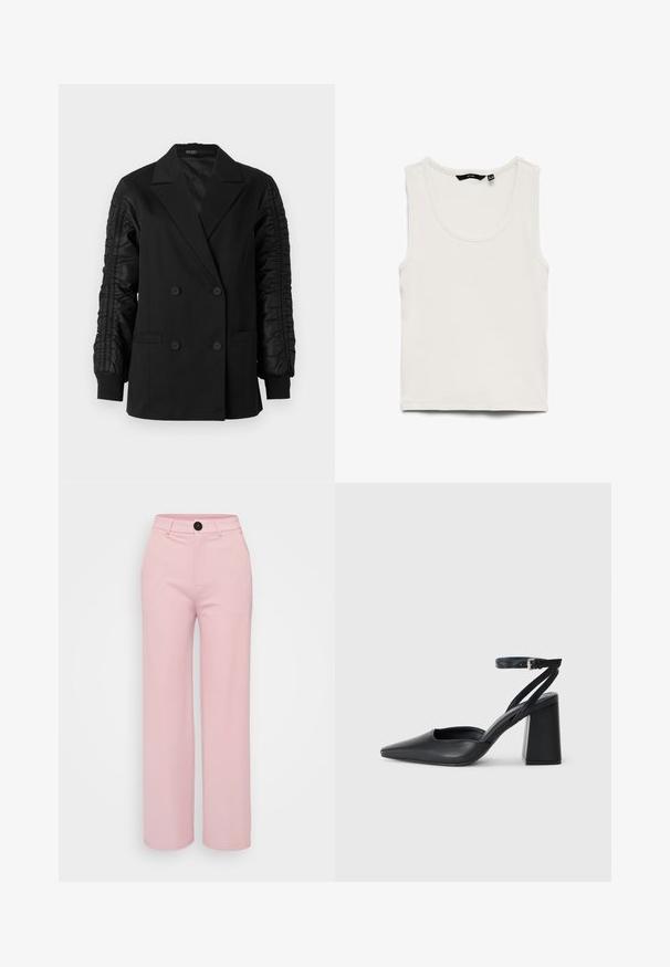 Blazer noir à double boutonnage avec des manches en satin froncé et des poignets boutonnés, doté de revers crantés et de poches plaquées à l'avant.; Débardeur blanc côtelé avec encolure arrondie et sans manches, posé à plat sur fond blanc.; Pantalons large en rose clair avec une texture lisse, dotés d'un bouton noir et d'une taille classique. Aucune poche supplémentaire visible.; Escarpin noir en cuir à bout pointu avec une bride de cheville et un talon épais. Texture lisse, design élégant et esthétique minimaliste.