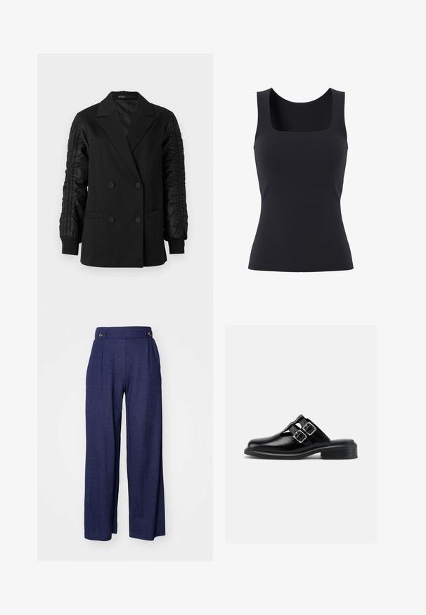 Zwarte dubbelbreasted blazer met gerimpelde satijnen mouwen en knoopsluiting, met notch-lapels en voorzakken.; Zwarte mouwloze tanktop met brede bandjes en een vierkante halslijn, aansluitend bij de taille.; Marineblauwe wijde broek gemaakt van een zachte stof, met plooien en twee voorknopen in de taille voor extra detail.; Zwarte leren instapschoen met twee zilveren gespen, open zijkanten, ronde neus en lage gestapelde hak, zijaanzicht op witte achtergrond.