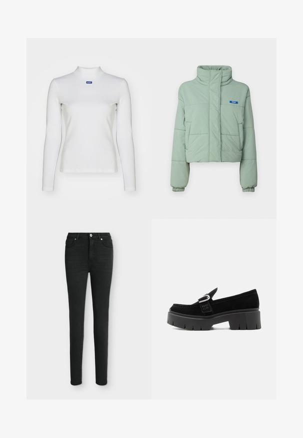 Veste courte matelassée en vert clair avec un col montant, des poches latérales, des poignets élastiqués et une étiquette bleue sur la poitrine gauche.; Haut à col roulé blanc à manches longues en tissu extensible, avec une coupe ajustée et un petit logo bleu sur la poitrine.; Jean skinny noir taille haute avec bouton et fermeture éclair à l'avant, design cinq poches, présenté sur un fond clair.; Mocassin en daim noir avec semelle à crampons épaisse, détail boucle argentée et inscription "HUGO" en relief sur la lanière latérale, vu de côté extérieur.