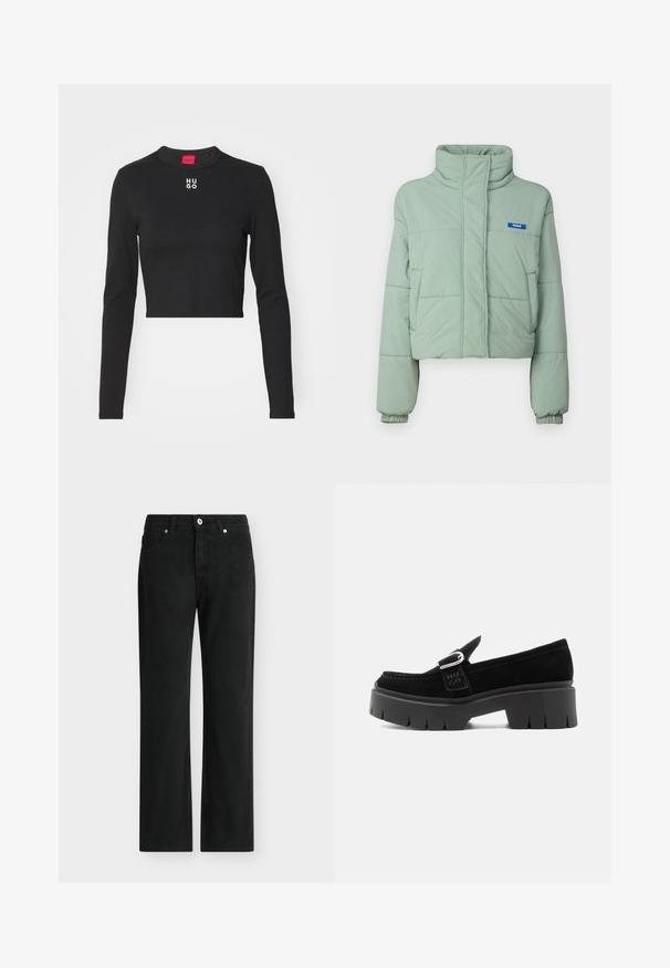 Polstret kort jakke i lys grøn med høj krave, sidelommer, elastiske manchetter og et blåt label på venstre bryst.; Sort langærmet cropped top lavet af glat stof, med rund hals og hvid "HUGO" logo på brystet.; Sorte jeans med lige ben, foran med knap og lynlås, design med fem lommer og bæltestropper.; Sort ruskindslipper med kraftig sål, sølvspænde og præget "HUGO" på sidesnoren, vist fra ydersiden.