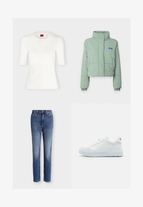 Veste courte matelassée en vert clair avec un col montant, des poches latérales, des poignets élastiqués et une étiquette bleue sur la poitrine gauche.; T-shirt blanc ajusté à manches courtes avec col rond et étiquette de marque rouge à l'intérieur du col.; Jean bleu moyen taille haute à coupe droite avec poches avant, passants de ceinture, fermeture par bouton, et détails légèrement délavés sur les cuisses et les genoux.; Baskets en cuir blanc avec un bout arrondi, semelle blanche robuste et détails en relief sur la semelle. Présente un logo discret sur le talon.