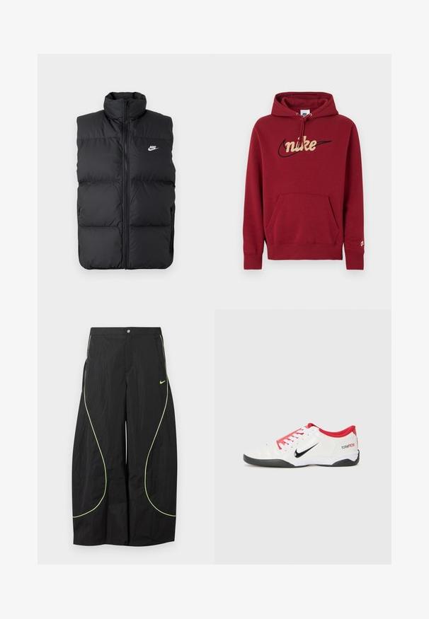 Sort polstret ærmeløs jakke med høj krave, lynlås foran, sidelommer og hvidt Nike-logo på brystet.; Rød hættetrøje lavet af blødt stof med en stor, broderet beige "Nike"-logo, frontlomme og snørre i hætten.; Sorte Nike bukser med brede ben, med neon-grøn buet piping og lille Nike swoosh-logo på højre lår, knap- og lynlåslukning i taljen.; Hvide atletiske sko med røde accenter, sort Swoosh-logo og struktureret design. Har hvide snørebånd og en sort ydersål. Teksten læser "total90."