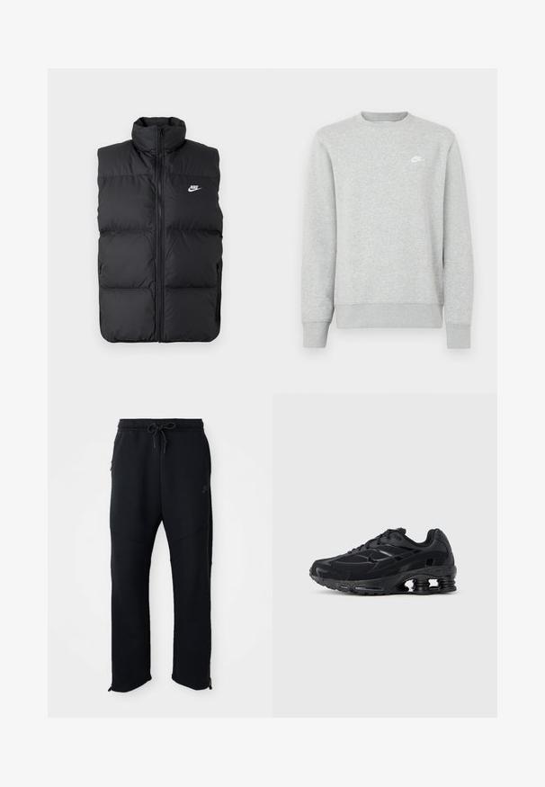 Veste sans manches noire rembourrée avec col haut, fermeture éclair à l'avant, poches latérales, et logo Nike blanc sur la poitrine.; Sweat-shirt gris en molleton doux, doté de poignets et d'un ourlet côtelés, avec un petit logo Nike blanc sur la poitrine.; Pantalons de sport noirs avec taille élastique et cordon de serrage, dotés de poches latérales, de jambes fuselées et de zips aux chevilles. Texture lisse.; Chaussure de sport noire avec une tige en mesh, un col rembourré et une technologie d'amorti proéminente au talon. Caractérisée par des accents texturés et des lacets.