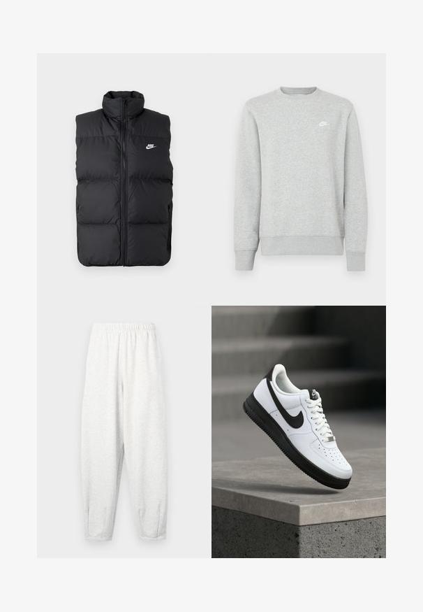 Sort polstret ærmeløs jakke med høj krave, lynlås foran, sidelommer og hvidt Nike-logo på brystet.; Grå sweatshirt lavet af blødt fleece-materiale, med ribstrikkede manchetter og kant, samt et lille hvidt Nike-logo på brystet.; Lyse grå sweatsbukser lavet af blødt stof, med elastisk talje, tætsiddende ben og ankelmanchetter. Simpelt design uden mønstre.; Hvid lædersneaker med sorte detaljer, rundet tå og perforerede detaljer. Sort gummisål med tekstureret mønster og snørelukning.